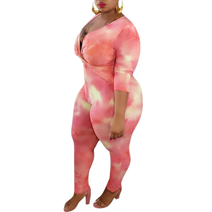 African 4xl Plus Size Bodycon Jumpsuits and Rompers for Women Long Sleeve V Neck Sheath Pink Activewear Sexy Jumpsuits Hot 2020