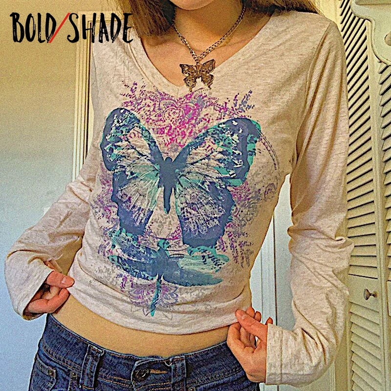 

Bold Shade Butterfly Print Long Sleeve Tees V-neck Y2K Soft Girl Aesthetic Style Slim Tee Shirts Women Basic Indie Clothes Fall