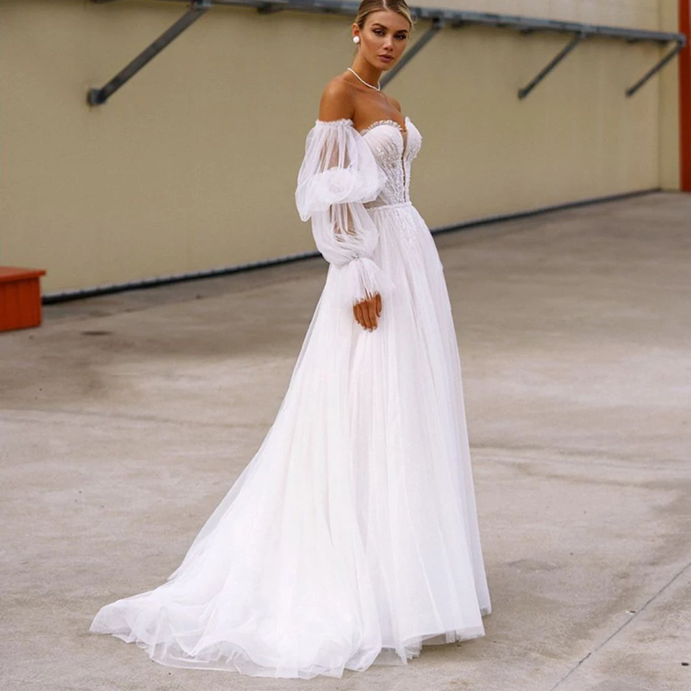 

Charming A-Line Wedding Dress Tulle Strapless Lantern Sleeve Beading Applique Sweep Train Bridal Gowns 2021 Vestidos De Noivas