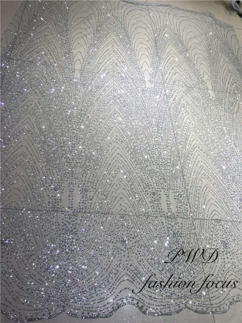 

Nigerian Wedding French Sequins Net Mesh Fabric Silver Glued Glitter African Tulle Lace Fabric