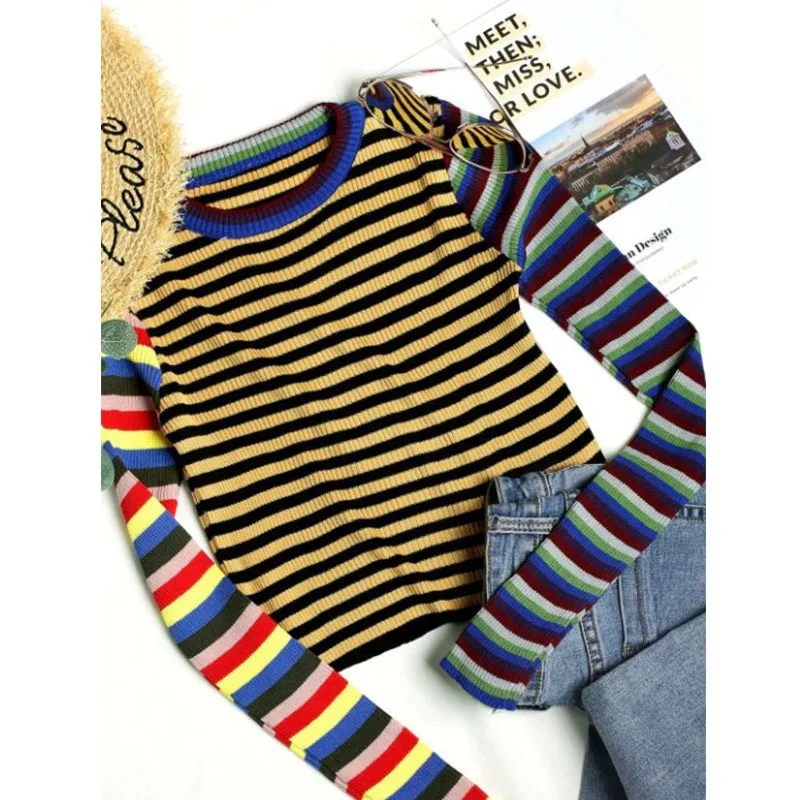 ZAFUL один размер контрастные радужные полосы укороченный свитер тонкий короткий