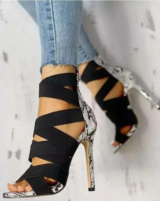 

New Summer Sexy Roman Women's Cross with Sandals Snake Pattern Plus Size High Heels Shoes Stiletto Heel Zipper Pumps Sandals