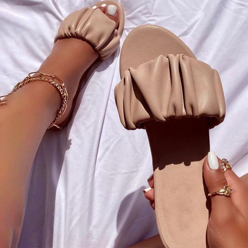 

2021 Women Sandals Flat Slippers Open Toe Shoes Women Summer Beach Shoes Casual Pleated Slippers Women Fashion Shoes Large Size