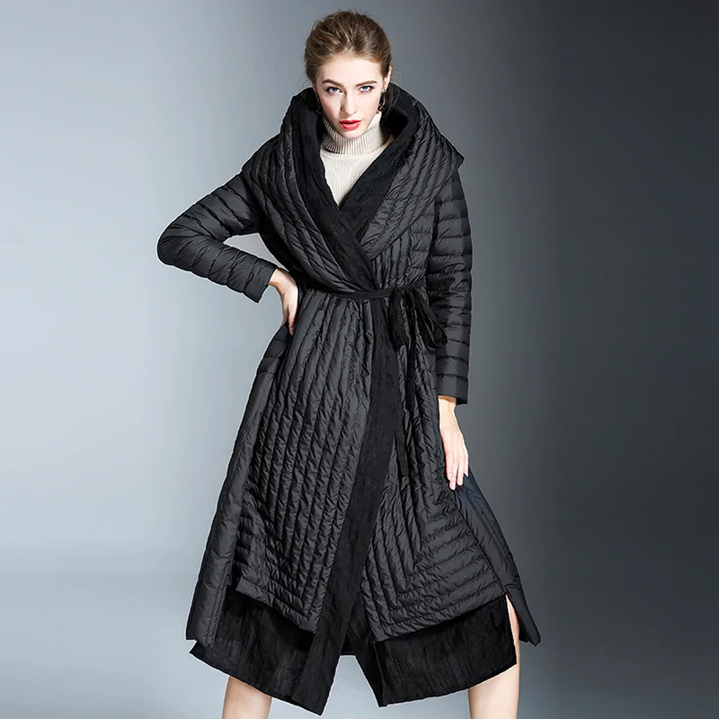 Black Down Coats Women Long 2xl Large Hooded White Duck Down  Winter Warm Splicing Outwear Slim Sashes Oversize Female Parkas
