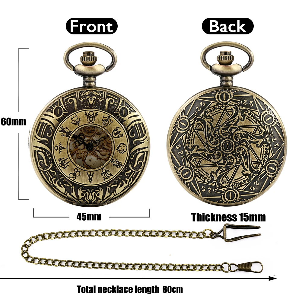 Vintage Pocket Watch Bronze Hollow Gear Engraving Pattern Quartz Pocket Watch Necklace Pendant Clock Chain Men Women Gift
