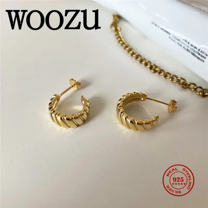 

WOOZU Korean Genuine 925 Sterling Silver French Twist Stud Earrings for Fashion Women Simple Party Jewelry Accessories Gift