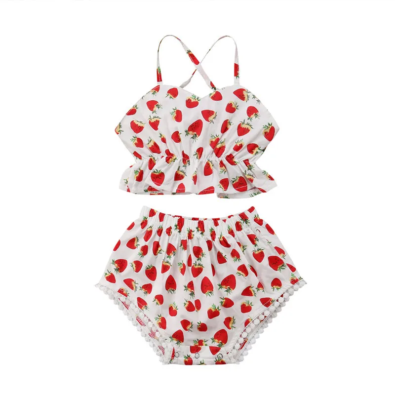 

2020 Summer Children Sets Casual Strap Tops Triangle Shorts Print Strawberry Cute 2Pcs Girls Clothes Sets 0-24M