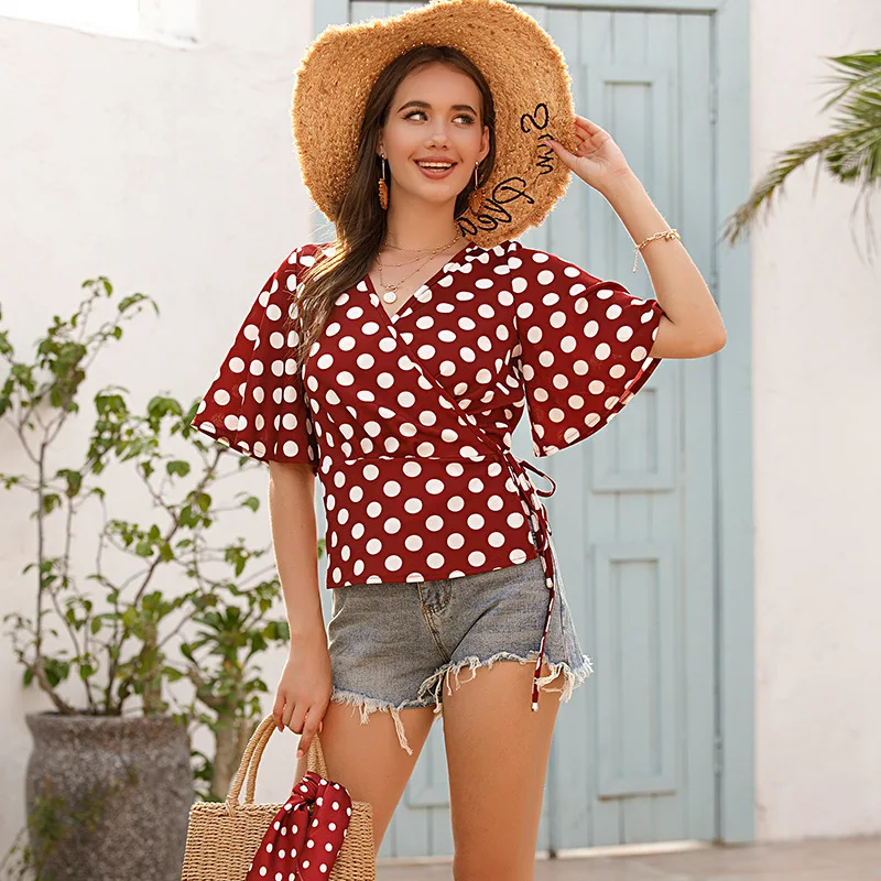 

Modern Lace Up Polka Dot Top Mujer Elastic Waist Woman Tshirts Summer Pullover Short Sleeve Tee V-neck Chiffon Shirts for Women