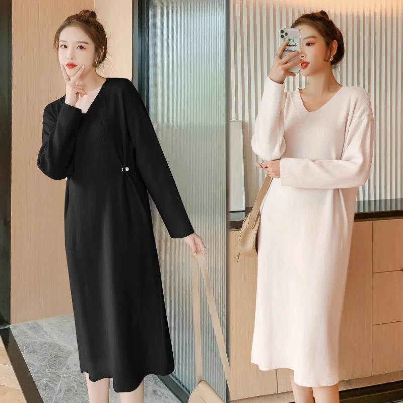 

2020 New Autumn Winter Women Long Sleeve Dress Korean Fashion Beading Solid Color Loose Knitted Sweater Dress Elegant Dress