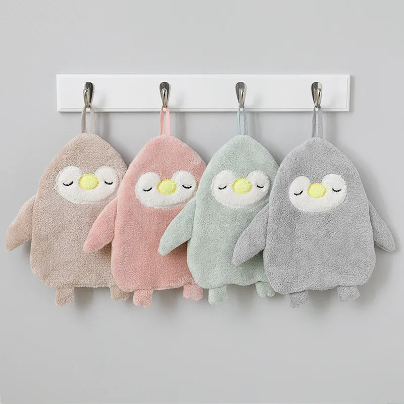 

24x18cm Cute Cartoon Penguin Hand Towel Soft Coral Velvet Absorbent Hanging Household Kitchen Towel