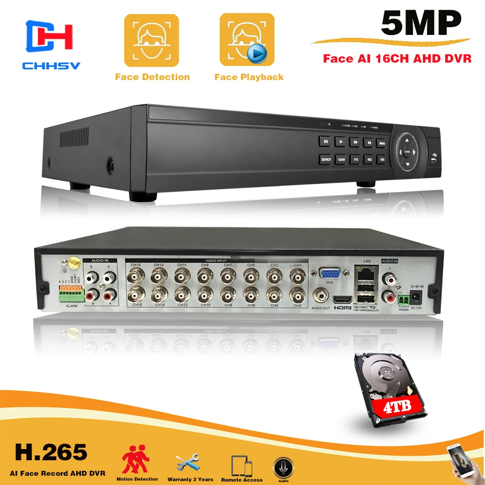 

16 Channel 5MP AHD DVR NVR Hybrid 6 in 1 Video Recorder for 5MP 4MP 1080P TVI CVI CVBS AHD IP CCTV Security Camera with 4TB HDD