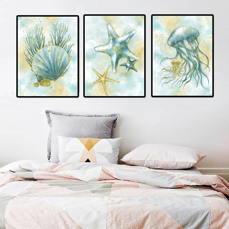 

Abstract Golden Blue Starfish Jellyfish Paintings Nordic Canvas Posters and Prints for Living Room Bedroom Corridor Decoration
