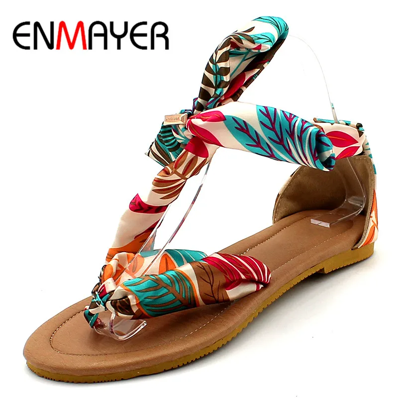 

ENMAYER Black Blue Big Size 34-43 T Strap Colorful Beach Flats Sandals Women Summer Sandals Sweet Ladies Leisure Shoes Women