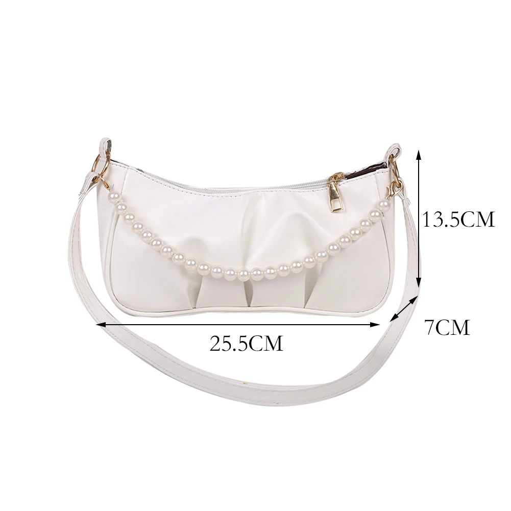 

Vintage Women Soft Pleated Shoulder Underarm Bag Ladies Casual Small Pearl Chain Purse Handbag PU Leather Solid Color Square Bag