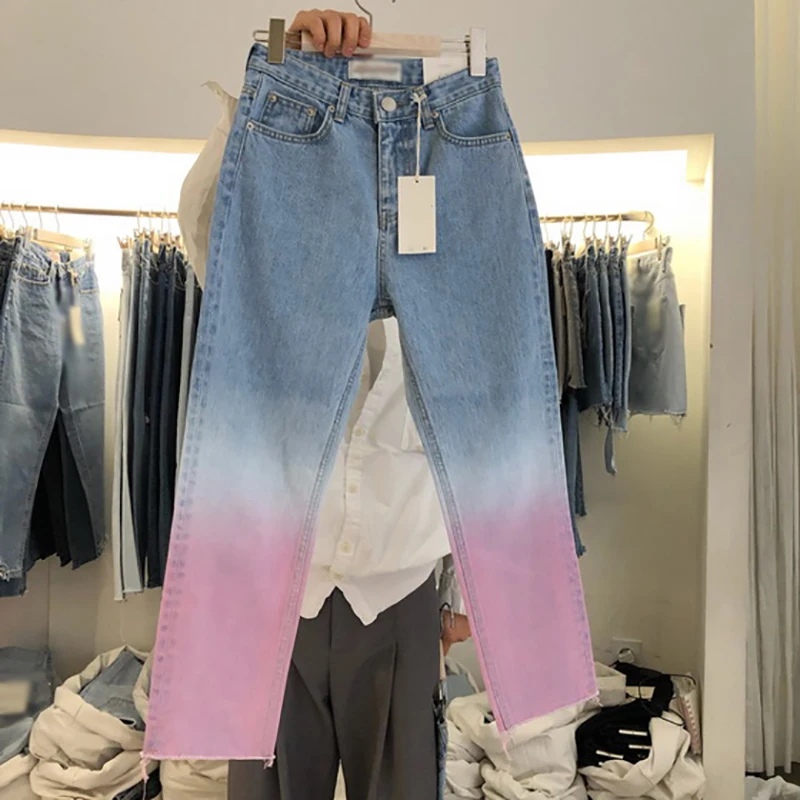 

Limiguyue Chic Demin Pants Femme Korean Gradient Tie Dye Women Jeans Pants High Waist Fashion Cut Out Trousers Streetwear K842
