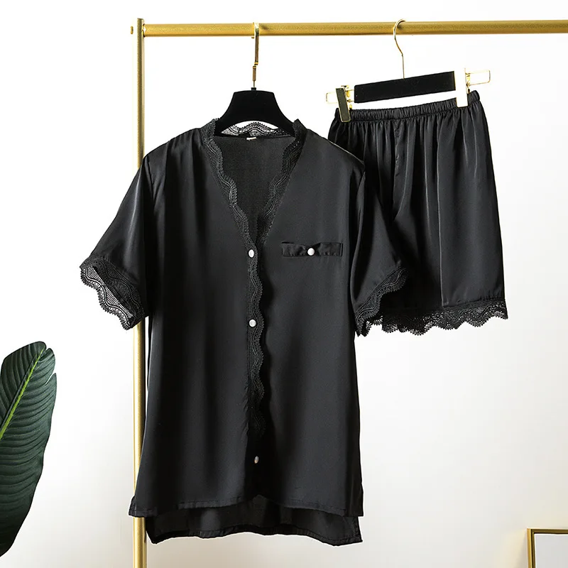 

2 Pieces Silk Pajamas Sets Women Satin Sleepwear Shorts Summer Pijamas Tops Sexy Lingerie Lace Loose Large Pants Homewear Pyjama