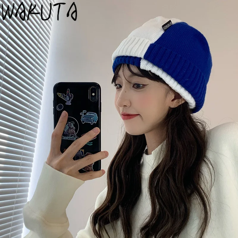 Вязаная шапка WAKUTA в Корейском стиле винтажная шапка-свитер с цветными блоками