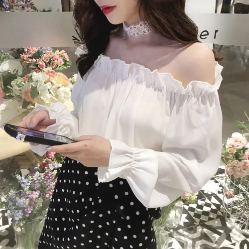 

BiggOrange sexy chiffon shirt flavor solid color ruffled off shoulder chiffon shirt female collar loose and thin chiffon top
