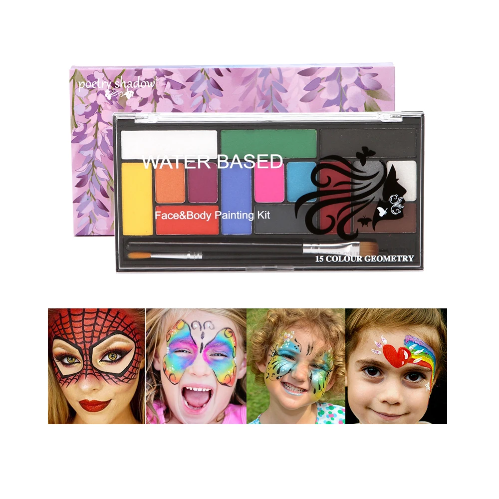 

15 Colors Face Body Paint Kit with 2 Brushes Professional Washable Face Painting Palette Non-Toxic Hypoallergenic Face paints
