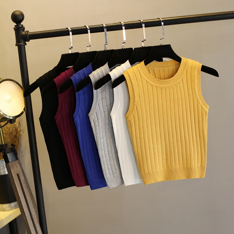 

Women 2021 Summer Fashion Ice Silk Sleeveless Tops Female Solid Color Knit Short Vest Top Ladies O-neck Slim Bottoming Tops L174