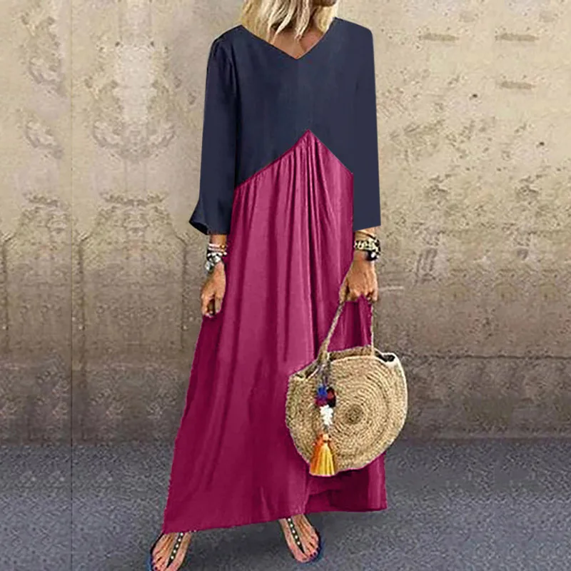 Летние льняные платья женские Boho Лоскутные с длинным рукавом o-образным вырезом Макси платье свободные большие размеры длинное платье винтажные vestidos robe