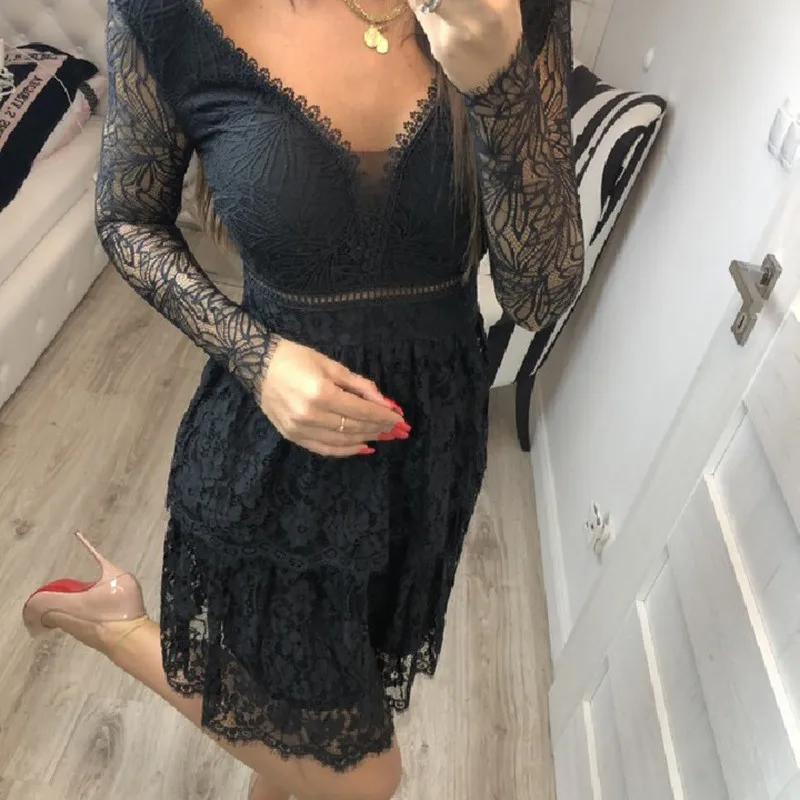 Женское элегантное черное кружевное платье сексуальные облегающие платья с V