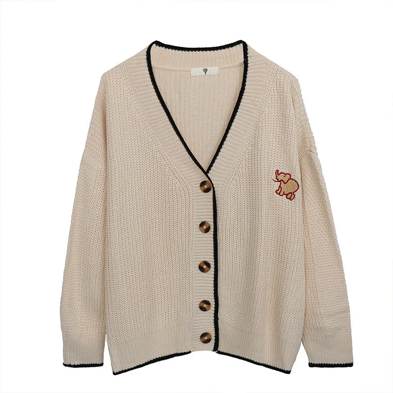 

Women Knit Sweater Cardigan Korean Version Large Size Loose Casual Jacket Short V-neck Embroidered Slim Coat Outerwear Autumn