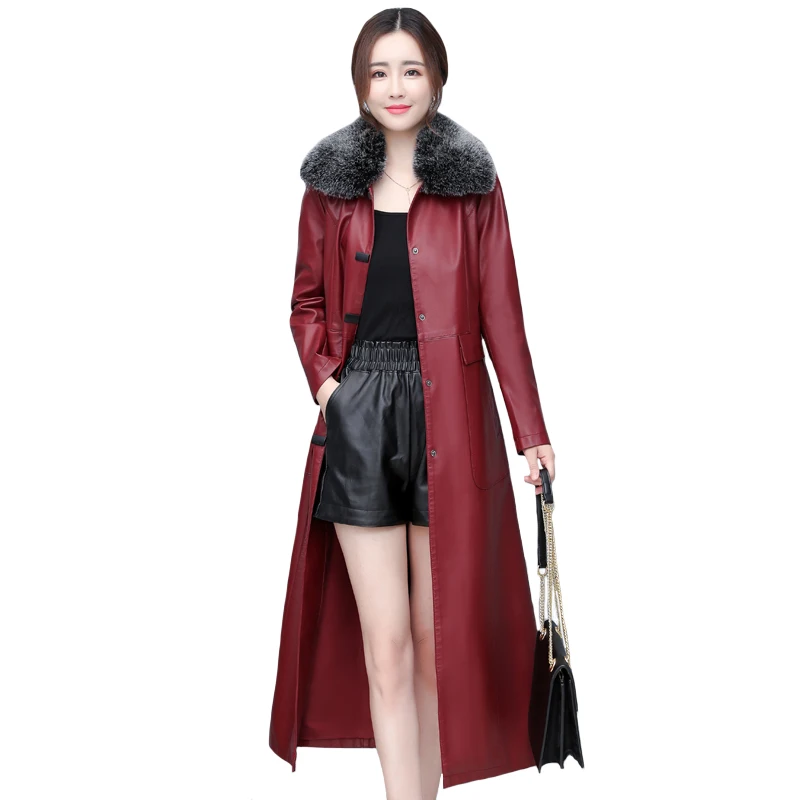 

2021 Autumn Winter Women Leather Jacket Fur Collar Fashion PU Leather Coats Women X-long Slim Faux Leather Trench Coat