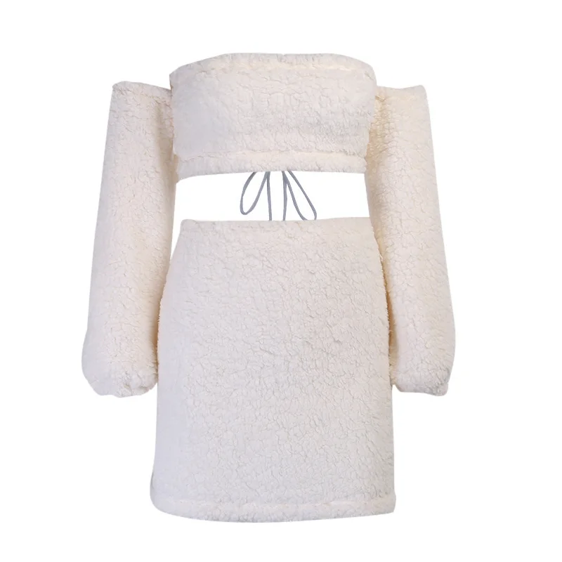 

Women Sexy Strapless Teddy Lazy Faux Fur Fluffy Beige Sexy Luxury Streetwear Party Club Wear 2 Two Piece Set Skirt And Tops