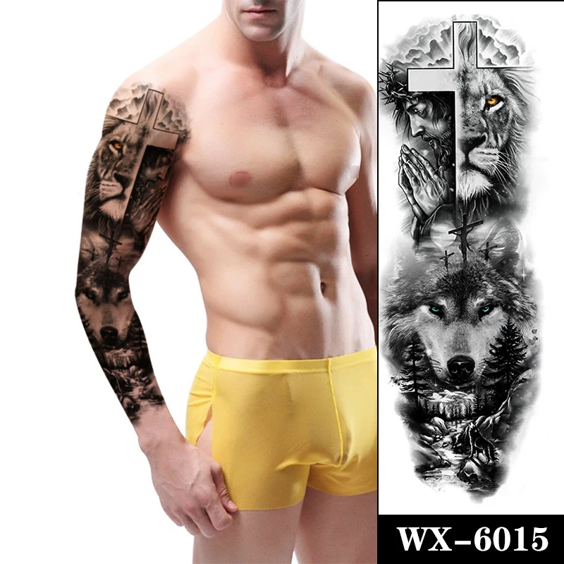 

Large Arm Tattoo Lion Wolf Orange Blue Eyes Waterproof Temporary Tatto Sticker Prayer Cross Forest Body Art Fake Tatoo Women Men