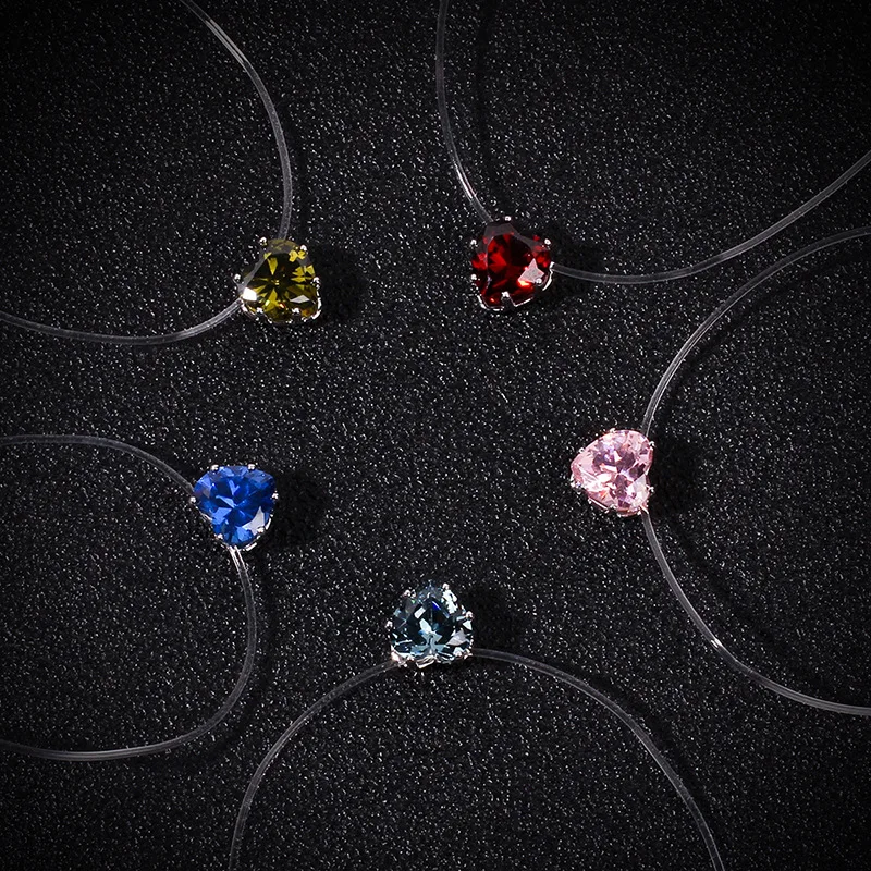 

Colorful Heart Crystal CZ Pendant Necklace For Women Transparent Fishing Line Invisible Chain Necklace Party Jewelry Gifts