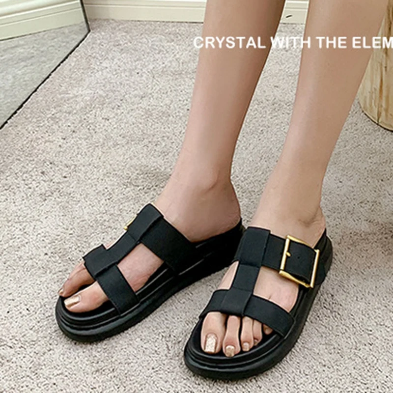 

RIZABINA New Women Real Leather Slippers Buckle Decoration Slip On Casual Platform Beach Sandals Female Footwear Size 35-39