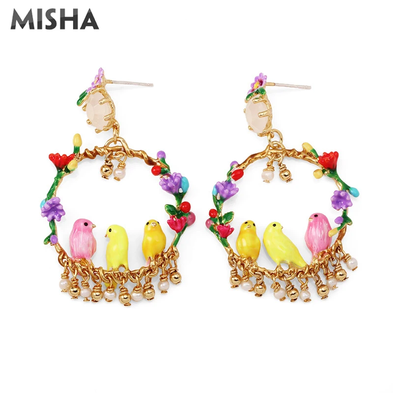 MISHA, роскошные женские серьги, ручная работа, эмалированная глазурь, цветы и птицы, Имитация драгоценного камня, ювелирные изделия в винтажном стиле, подарки для девушек, L950