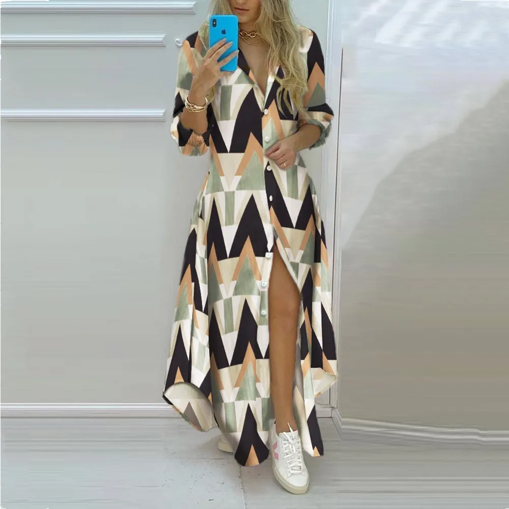 

Casual Lapel Letter Print High Split Maxi Dresses For Women 2021 Spring And Autumn Fashion Sexy Irregular Shirt Long Dress Femme