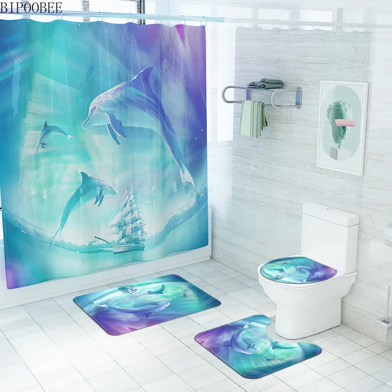 

Ocean Dolphin Shower Curtain Set Bath Mats Rugs Sea Scenery Blue Bathroom Curtains Anti-slip Rug Toilet Lid Cover Carpet