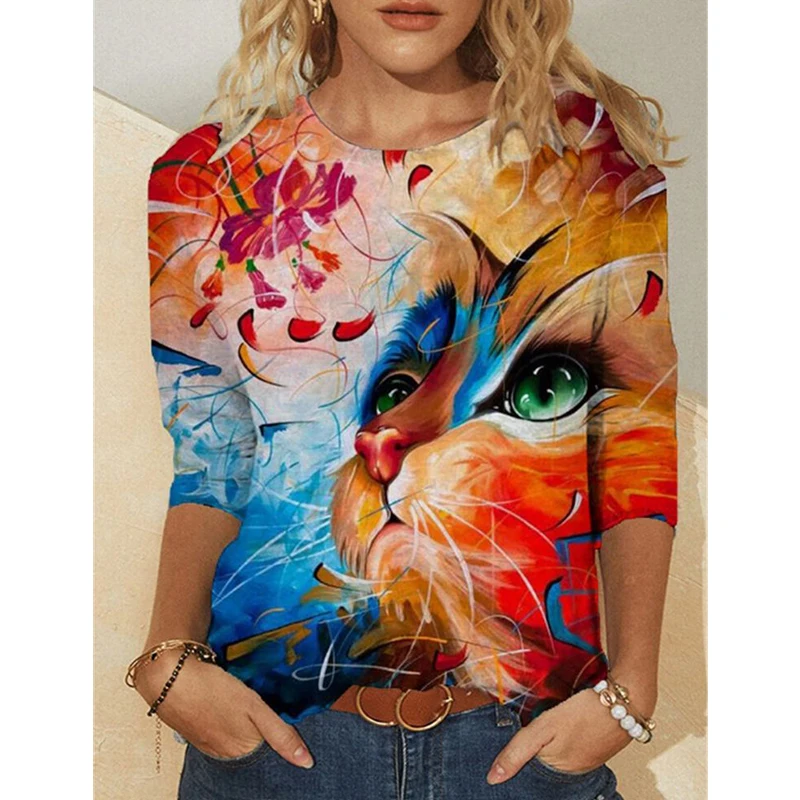 

2021 European And American Autumn Women Loose Casual Round Neck Long Sleeve Printing T-Shirt All-Match Top Wholesale