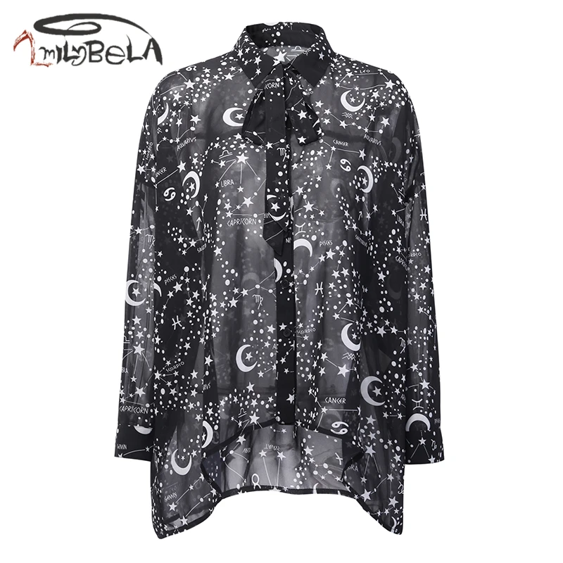 ImilyBela Gothic Blouse Women Casual Long Sleeve Print Bow-knot Turn-down Collar Black Shirt Autumn Loose Blusas Sexy Streetwear |