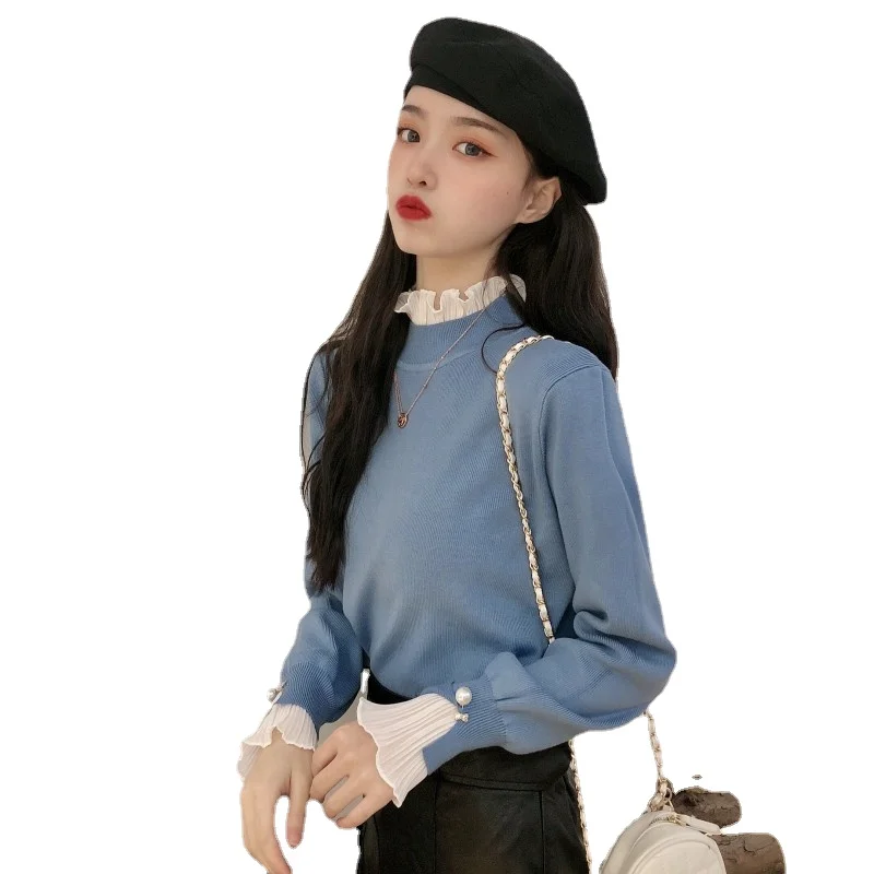

2021 Spring Lace Half-high Collar Sweater Women Slim Paragraph Bottoming Sweater Solid ColorThickening Sweet and Lovely Sweater