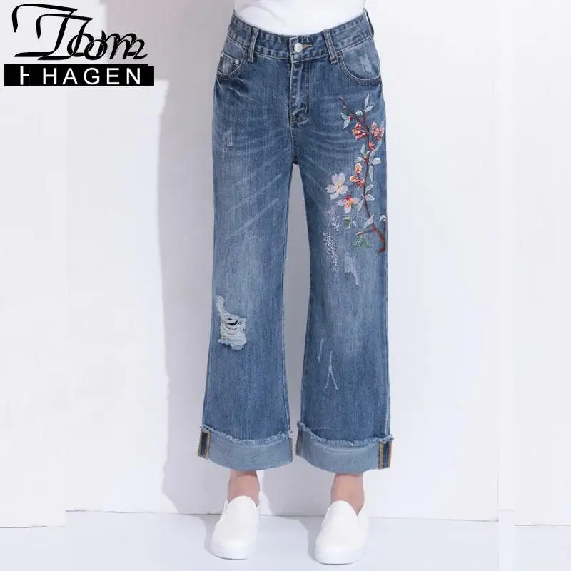 Женские свободные рваные джинсы Tom Hagen Широкие джинсовые брюки с цветочной