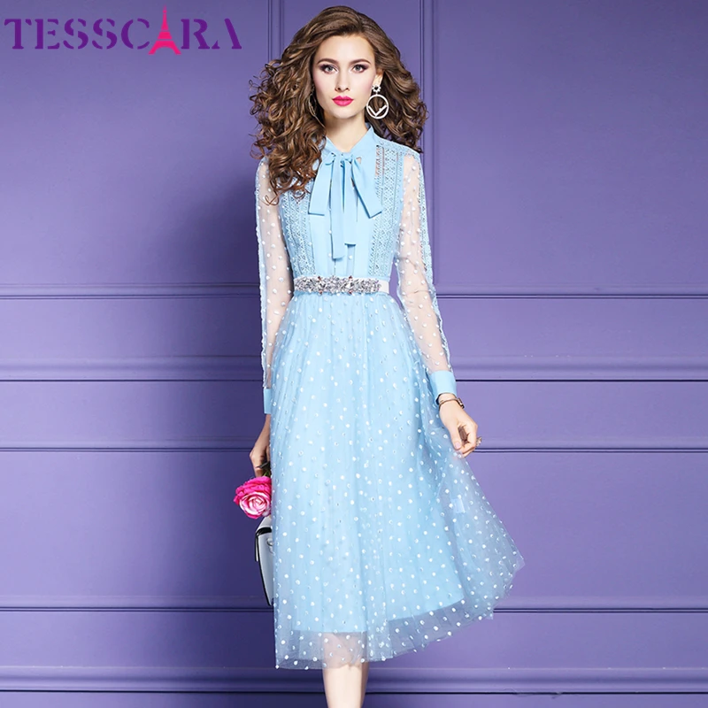 Женское осеннее платье TESSCARA роскошное сетчатое с вышивкой женское длинное