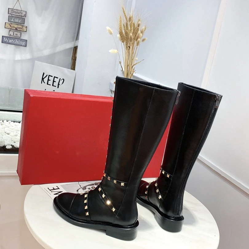 

Women Ankle boots Ruwnay Outlet Party Dress Shoes Boot Golden Rivets Rockstud Women Knee High Boots Black Genuine Leather Combat