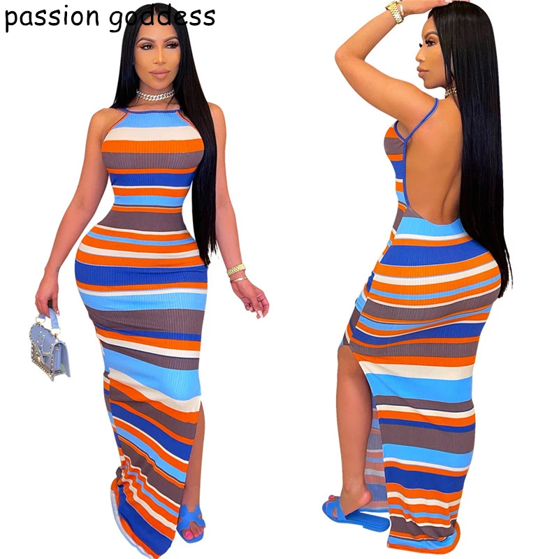 

New Women Summer Sexy Long Beach Vacation Bodycon Dress Spaghetti Strap Backless Slit Stripe Knit Long Maxi Dress Female Outfits