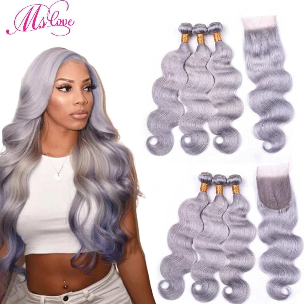 

Ms Love Grey Hair Bundles With Lace Closure Gray Body Wave Brazilian Remy Human Hair 3 4 Bundles With Lace Closure 26 28 30 Inch