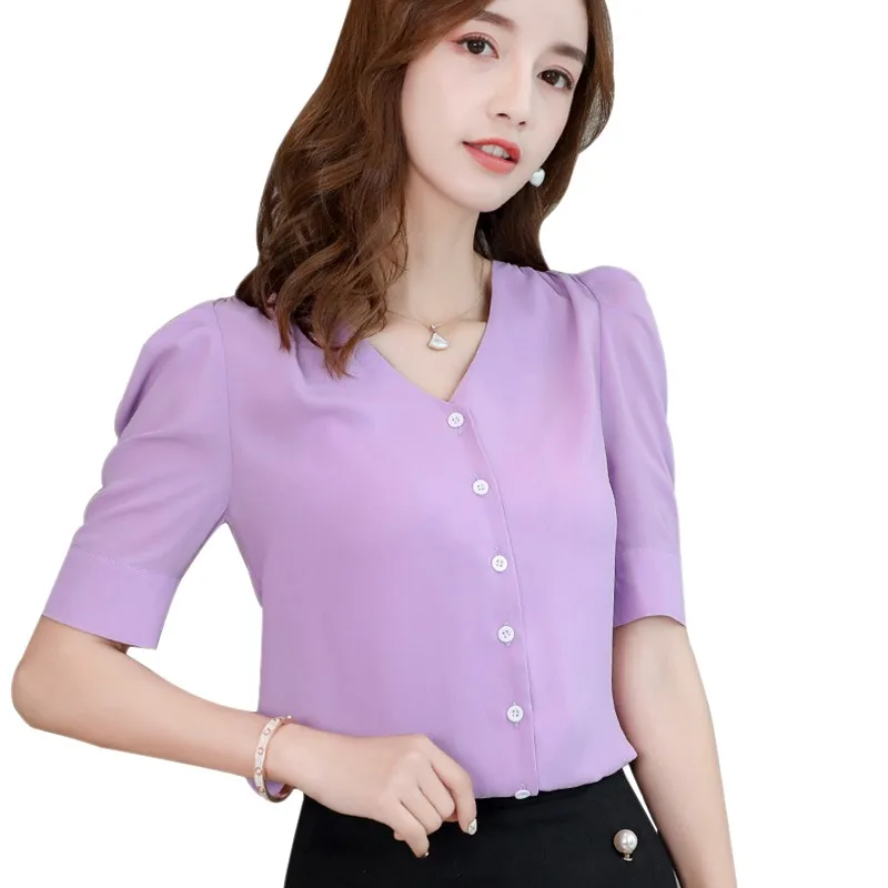 

Women V-Neck Button Decoration Solid Chiffon Blouse Top Short Sleeve Office Lady Elegant Shirts Summer