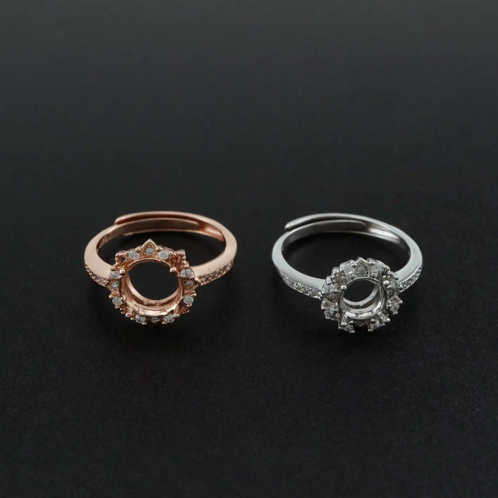 6-8MM Flower Round Prong Bezel Rose Gold Plated Solid 925 Sterling Silver Adjustable Ring Settings Gemstone 1210051 | Украшения и