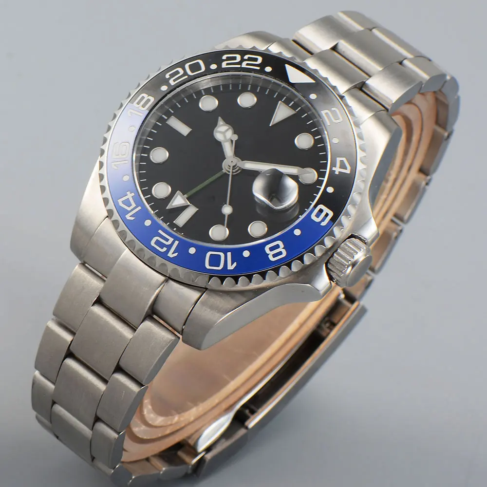 

Solid 43mm black dial ceramic bezel GMT function luminous marks silver color case automatic movement men's wristwatch
