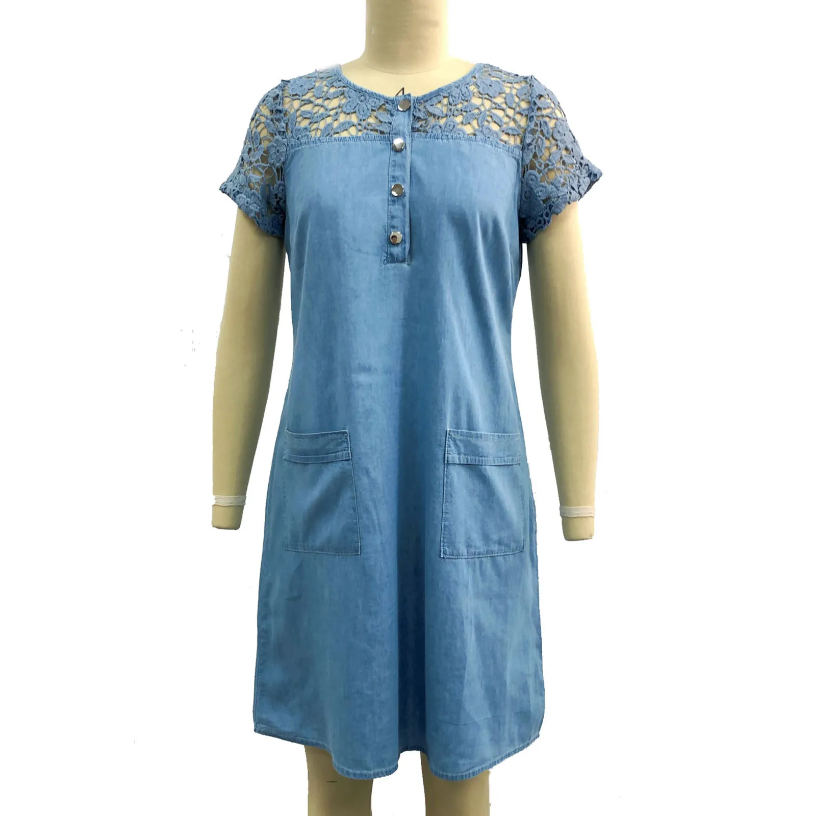 Short Dresses For Women Casual Elegant Plus Size V Neck Sleeve Dress Denim Faux Jean Pocket Solid Color Loose Skirt | Женская одежда