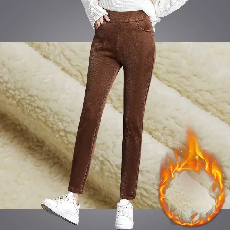 Женские брюки с ремешком 2020 зимние плотные кашемировые из овечьей шкуры теплые