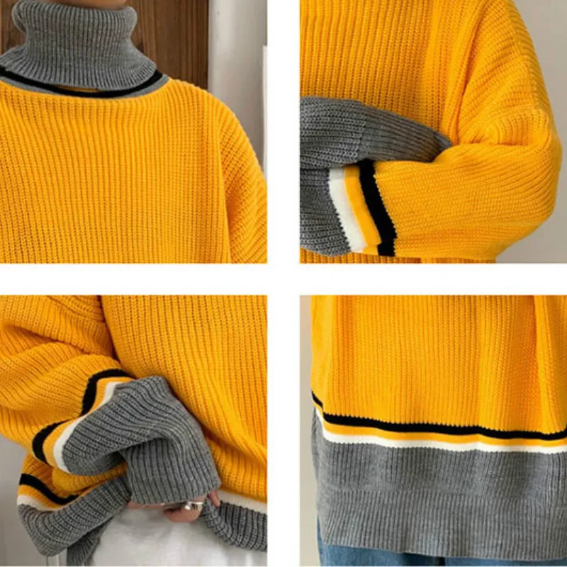 

Men Turtleneck Sweaters Pullover Couples Loose Patchwork All-match Knitted Students Leisure Daily Date Casual Korean Trendy New