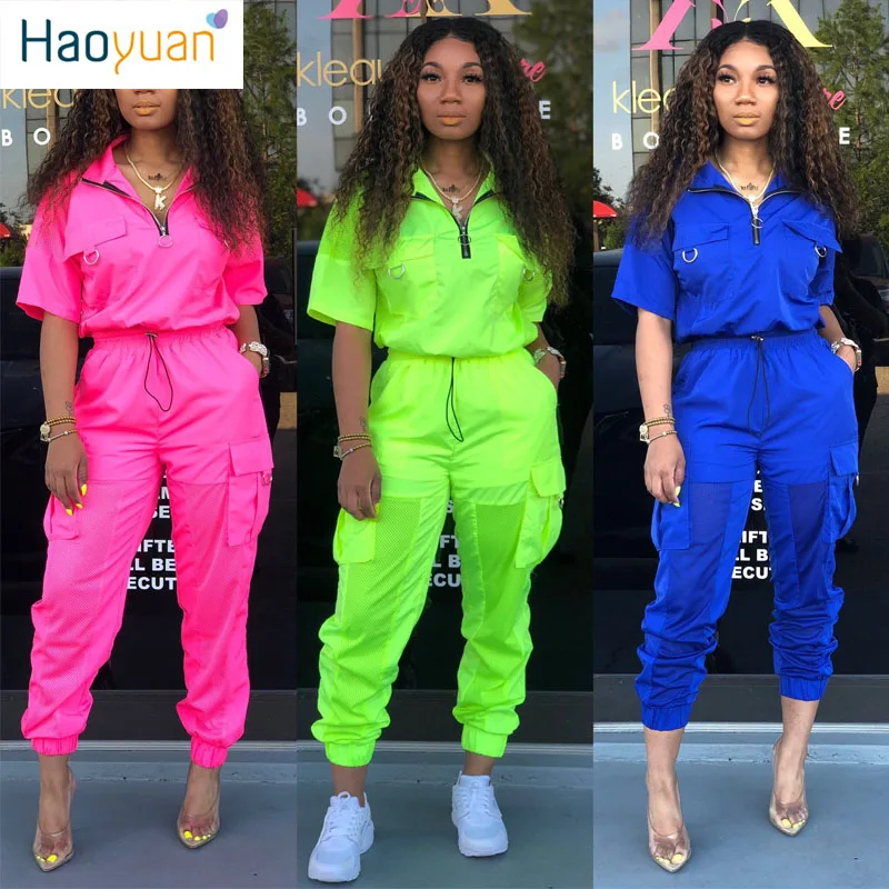 HAOYUAN/комплект из двух предметов; праздничная одежда; неоновый зеленый топ+ брюки; Спортивный костюм; комплекты из 2 предметов; летняя одежда для женщин; спортивный костюм